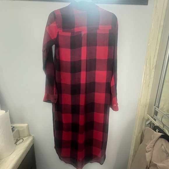 ZARA WOMEN’S CHECKERED PRINT SHEER SHIRTDRESS, SIZE SMALL, RED/BLACK - Picture 9 of 13